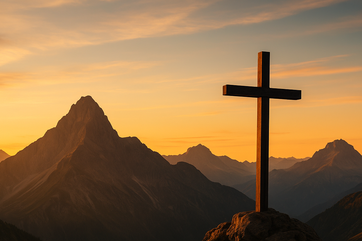 make a hero image with natural scene in the mountaintops with a cross